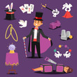 Illusionist vector magic man and saw woman on scene icons bunny, hat, ball fantasy witchcraft magic theater. Wizard hat entertainment performance magician illusionist. Imagination mystery concept