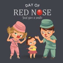 Happy Red Nose Day, Mother Brought Her Daughter To Medical Doctor In Hospital, Mom Fun Clownnose And Baby Girl Patient Vector Illustration, Man Uniform Diagnosis Children In Clinic