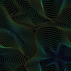 Vector seamless pattern, abstract halftone holographic texture, curved lines, fluid shapes. 3D effect, illusion of movement, dynamical surface. Bright colors, blue, green, yellow on black background
