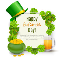 Saint Patricks Day Card With Treasure Of Leprechaun, Green Hat On Orange Background.