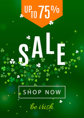 Beautiful ireland background for st. Patrick's day sale poster or web banner design. Vector discount vertical illustration with clover leaves and white shamrocks silhouette on green backdrop