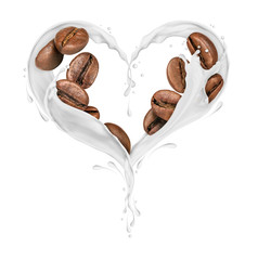 Wall Mural - Coffee beans with splashes of milk in the shape of the heart