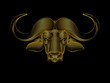 Graphic print of stylized gold buffalo on black background. Linear drawing.
