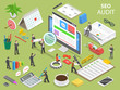 © TarikVision - Seo audit flat isometric vector concept. People surrounded by the corresponding attributes are auditing the web site on the computer monitor.