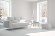 © AntonSh - White room with sofa and winter landscape in window. Scandinavian interior design. 3D illustration