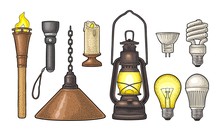 Set Lighting Object. Torch, Candle, Flashlight, Different Types Electric Lamps