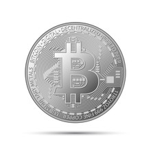 Silver Bitcoin Coin, Crypto Currency Silver Symbol Isolated On Grey Background, Realistic Vector Illustration For Your Infographic, Page, Leaflet, Blockchain Technology