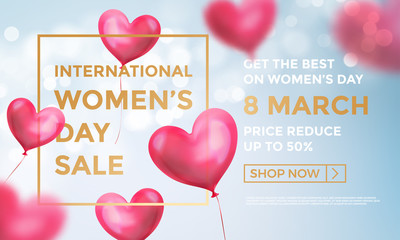 Women's day sale web banner of red heart balloons in light shine on blue background. Vector Women's day sale golden text for holiday shop discount promo design template of heart air ballons on 8 March