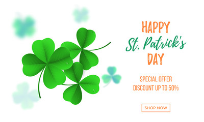 Wall Mural - Happy Saint Patrick's day sale banner with shamrock clover on white background. Vector St Patrick sale lettering for Feast of Saint Patrick festival poster day on 17 March. Irich holiday greeting card