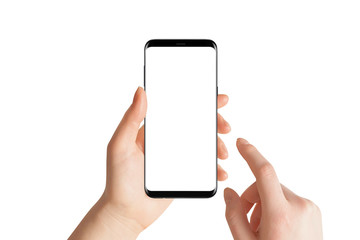 isolated hands and smartphone on white background. female hand holding modern black phone in vertica