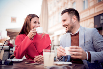 Sticker - Portrait of happy couple dating at coffee shop.