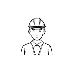 Wall Mural - Engineer in hard hat hand drawn outline doodle icon. Builder in hardhat for safe work vector sketch illustration for print, web, mobile and infographics isolated on white background.