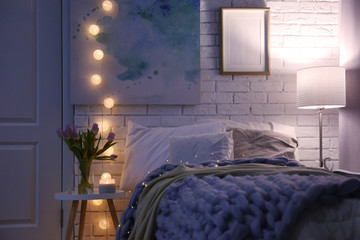 Poster - Cozy room interior with comfortable bed. Modern house design