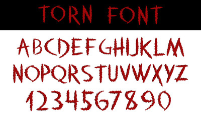 TORN. Hand written display red font calligraphy. ABC. Scratched decorative colored Vector alphabet and numbers. Claw cuts