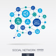 Society integrated thin line web icons in speech bubble message shape. Digital neural network concept. Connected polygons system. Abstract background for social media, people communication. Vector