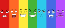 Various Faces Showing Different Emotions In A Rainbow Pattern. Anger, Surprise, Happiness, Evilness, Doubtful, Sadness And Disgust.