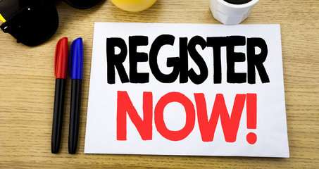 Poster - Handwritten text caption showing Register Now. Business concept writing for Join for Membership written on sticky note with copy space on old wood wooden background with sunglasses