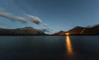 Twilight at Waterton Lake in Waterton Lakes National Park in Alberta, Canada