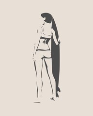 Wall Mural - woman posing with surfboard. monochrome silhouette. vintage surfing graphic and emblem for web desig