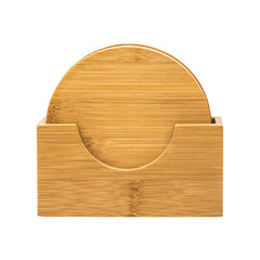 Poster - Beverage coasters in wooden holder isolated on white background. Wooden pad for put your mug.