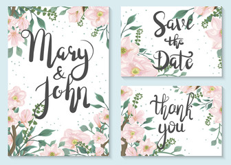 Wall Mural - Save the date. A set of wedding invitations and cards with flowering branches 