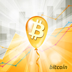 Golden bitcoin cryptocurrency baloon in the bright rays on backg