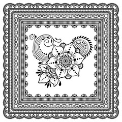 Henna tattoo flower template and patterned frame. Mehndi style. Set of ornamental patterns in the oriental style.