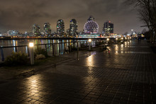 Night Downtown City View During A Rainy Winter Day. Taken In False Creek, Vancouver, British Columbia, Canada.