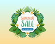 © nb_factory - Summer sale background banner with green exotic palm leaves and tropical plants, summer sale concept. Vector illustration