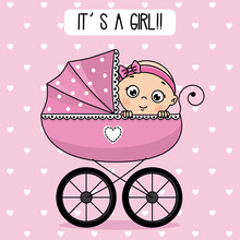 Baby Shower. Baby Girl Inside Baby Carriage.