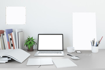 Poster - Blank screen laptop Mock up in home workpark with coffee cup and book in home work. , 3D render