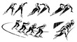 Set of illustrations of speed skaters. Short track. Hand drawn illustration.