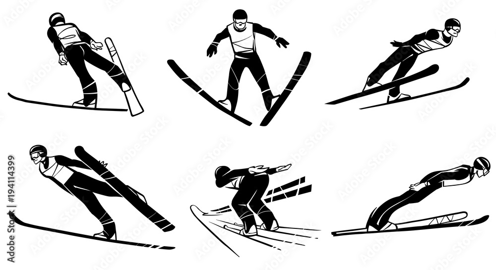 Set of athletes skiers in flight. Ski jumping. Hand drawn illustration - obrazy, fototapety, plakaty 