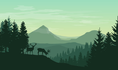 Wall Mural - vector atmospheric landscape with silhouettes of mountains, hills, forest and two deers