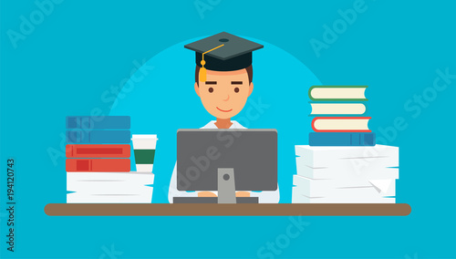 Cuadros en Lienzo Studying - vector illustration with young student with a computer, many books and papers