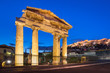 Gate of Athena Archegetis on the Roman Agora and Acropolis Hill with Parthenon, Athens, Greece