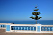 Piękny widok na morze, na pierwszym planie biało-niebieska ozdobna balustrada, po prawo nieduże zielone drzewko, balustrada w style andaluzyjskiej architektury, błękitne niebo