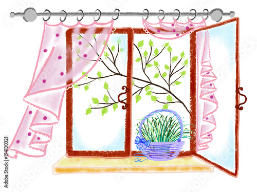 Colorful Hand Drawn Bright Kitchen Window With Plant Pink