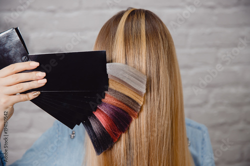 Master shows palette of hair colors on background of client\'s hair.