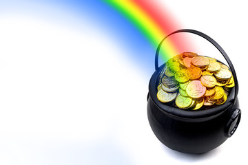 Saint Patrick's Day and Leprechaun's pot of gold coins concept with a rainbow indicating where the leprechaun hid treasure on white with copy space and clipping path