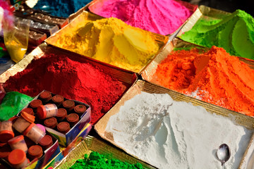 Poster - Colourful piles of powdered shopping for Holi festival 