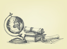 Education Concept. Vintage Background Earth Globe, Old Books And Scroll