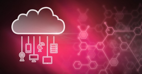 Poster - cloud icon and hanging connection devices and magenta background
