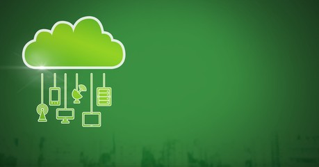Poster - cloud icon and hanging connection devices with green background