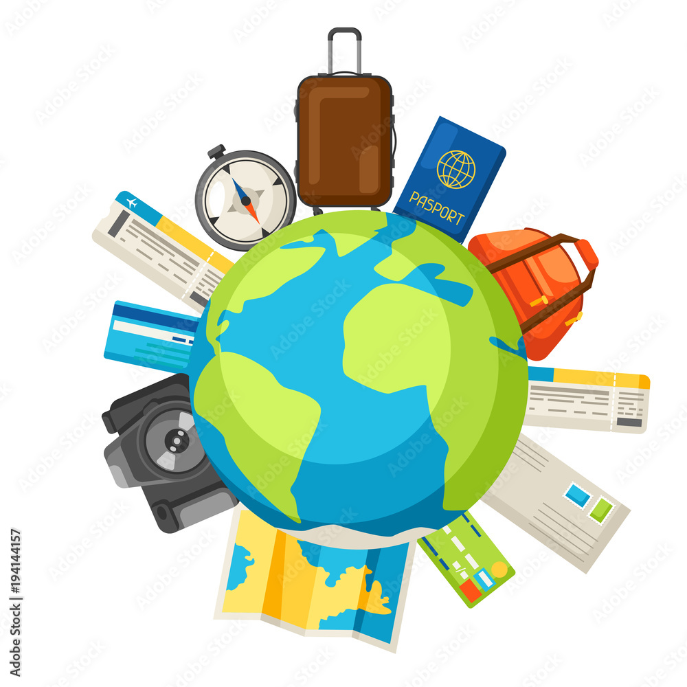 Travel concept illustration. Traveling background with tourist items Stock  Vector | Adobe Stock, image size:1000x1000