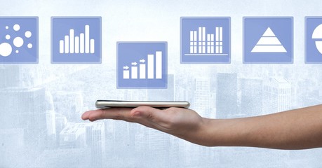 Poster - Hand holding tablet and business chart statistic icons