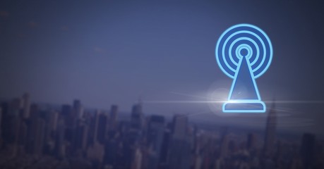 Poster - signal icon with blue city background