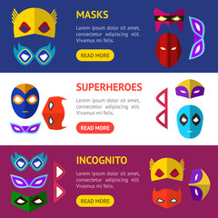 Sticker - Cartoon Superhero Mask Banner Horizontal Set. Vector