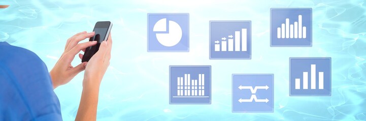 Poster - hand holding phone and business chart statistic icons