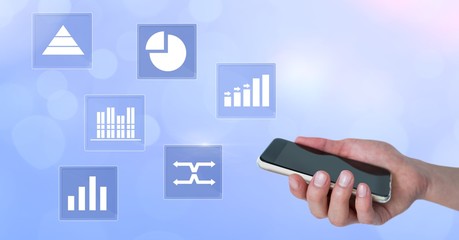 Poster - Holding phone and business chart statistic icons